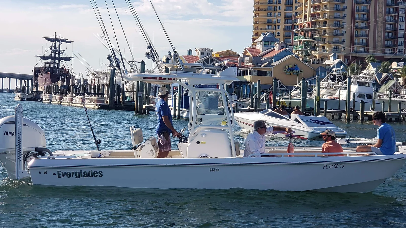 A group on a fishing boat by a dock